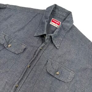 Wrangler Button Front Shirt Men Large Blue Short Sleeve Western Chambray HSB2KWB
